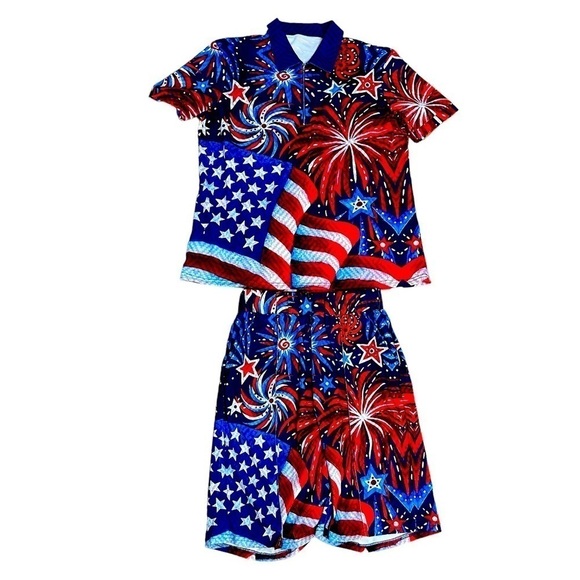 4th of July Patriotic Fireworks Red White & Blue Two Piece Unisex Short Set - Picture 1 of 14